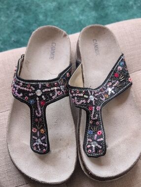 Black Sequin Embellished Women's Thong Sandals
